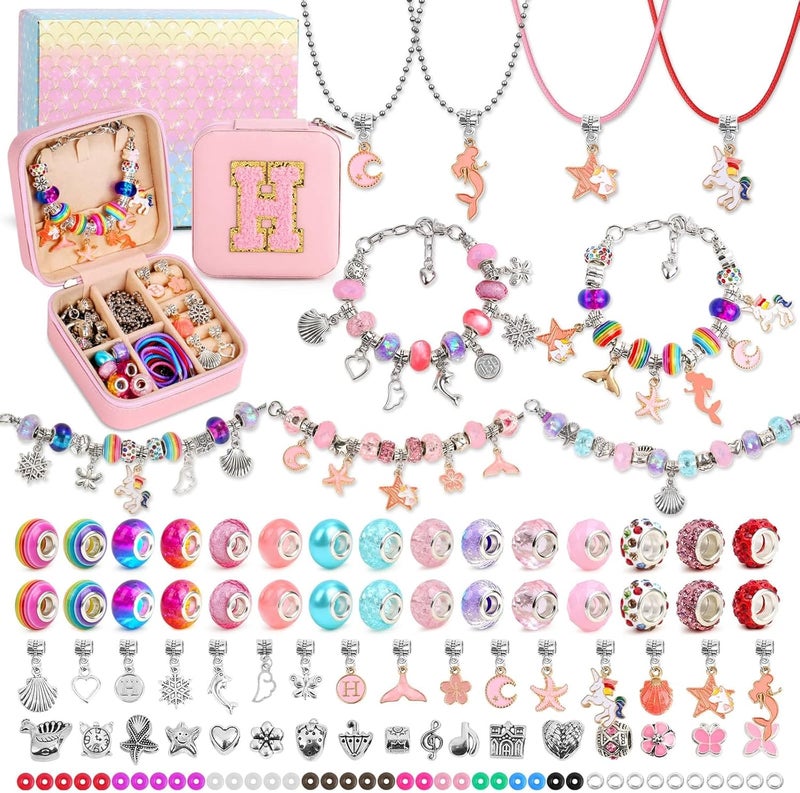 LifeisLuck Charm Bracelet Making Kit - 110 Pcs Beads Jewelry Making Kit, Unicorn & Mermaid Crafts Birthday Gifts with H Initial Personalized Bracelet Case - Image 1